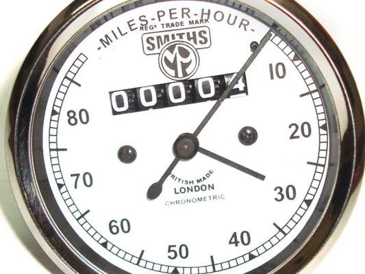 Smiths replica speedometer gauge face with Miles per Hour dial and chrome bezel