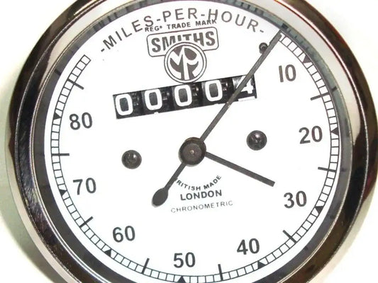 Smiths replica speedometer gauge face with Miles per Hour dial and chrome bezel