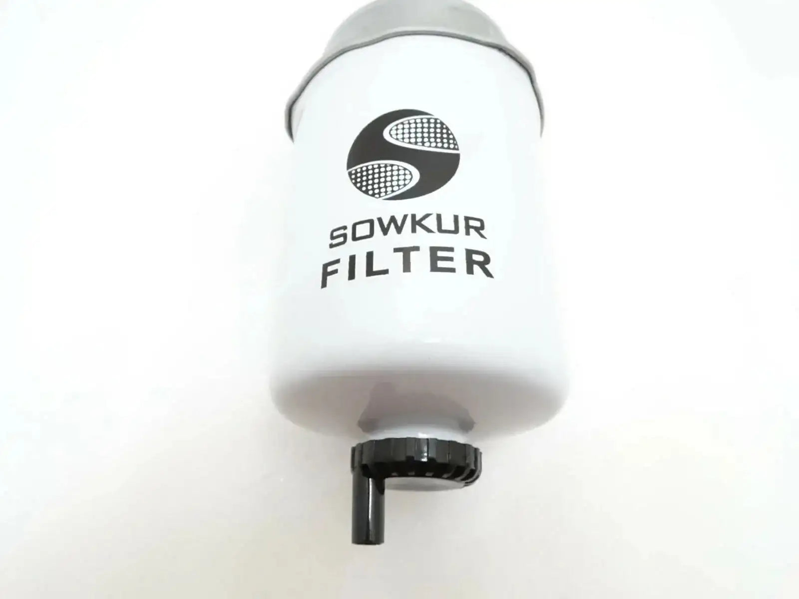 Fuel sediment filter canister with mounting stem, white housing with brand logo
