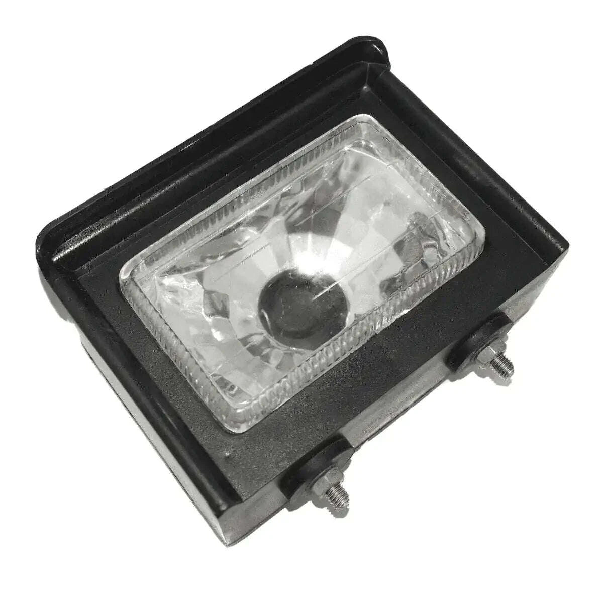 Headlight lamp box with clear rectangular lens and mounting bolts, no bulb holder