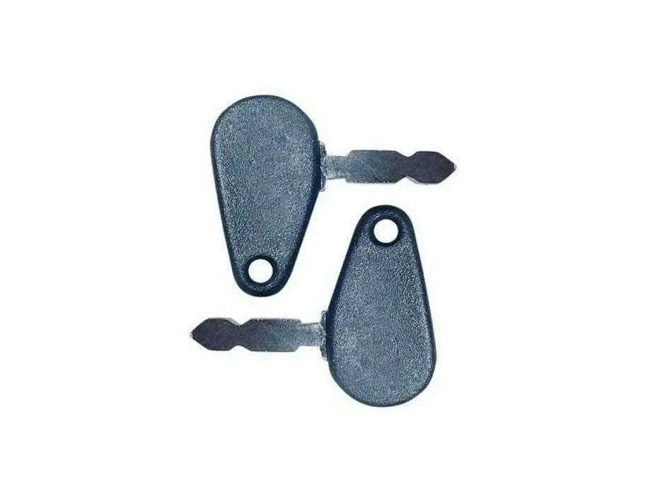 Ignition key set with two dark blue-gray metal keys, oval head and blade