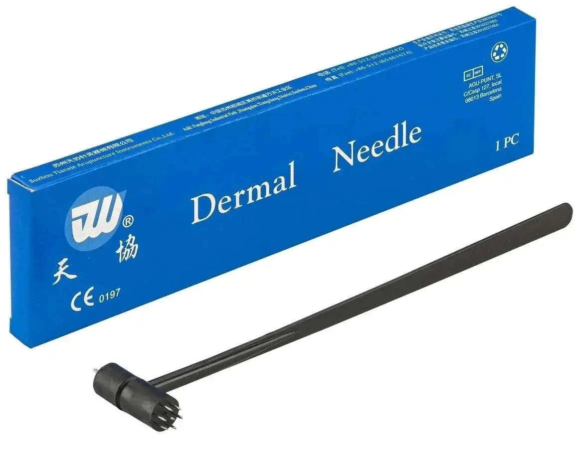 Dermal needle with black handle, shown in blue box, 1 pc