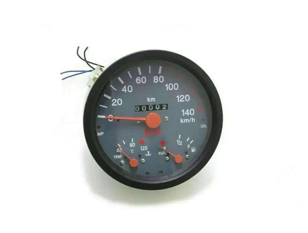 Round analog vehicle gauge cluster with black bezel, multiple needles and metric scale