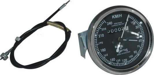 Black-faced Smiths speedometer with KM/H dial and attached cable