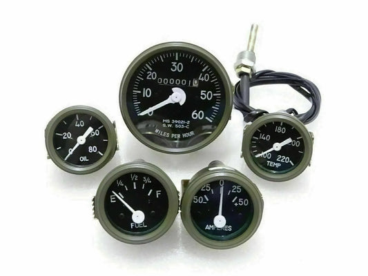 Green-bezel analog vehicle gauge set for fuel, temp, oil with wiring
