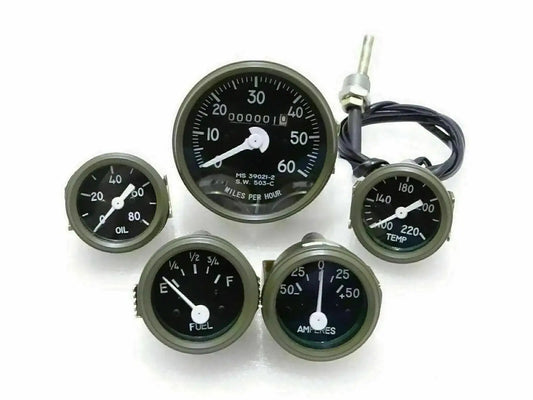 Green-bezel analog vehicle gauge set for fuel, temp, oil with wiring