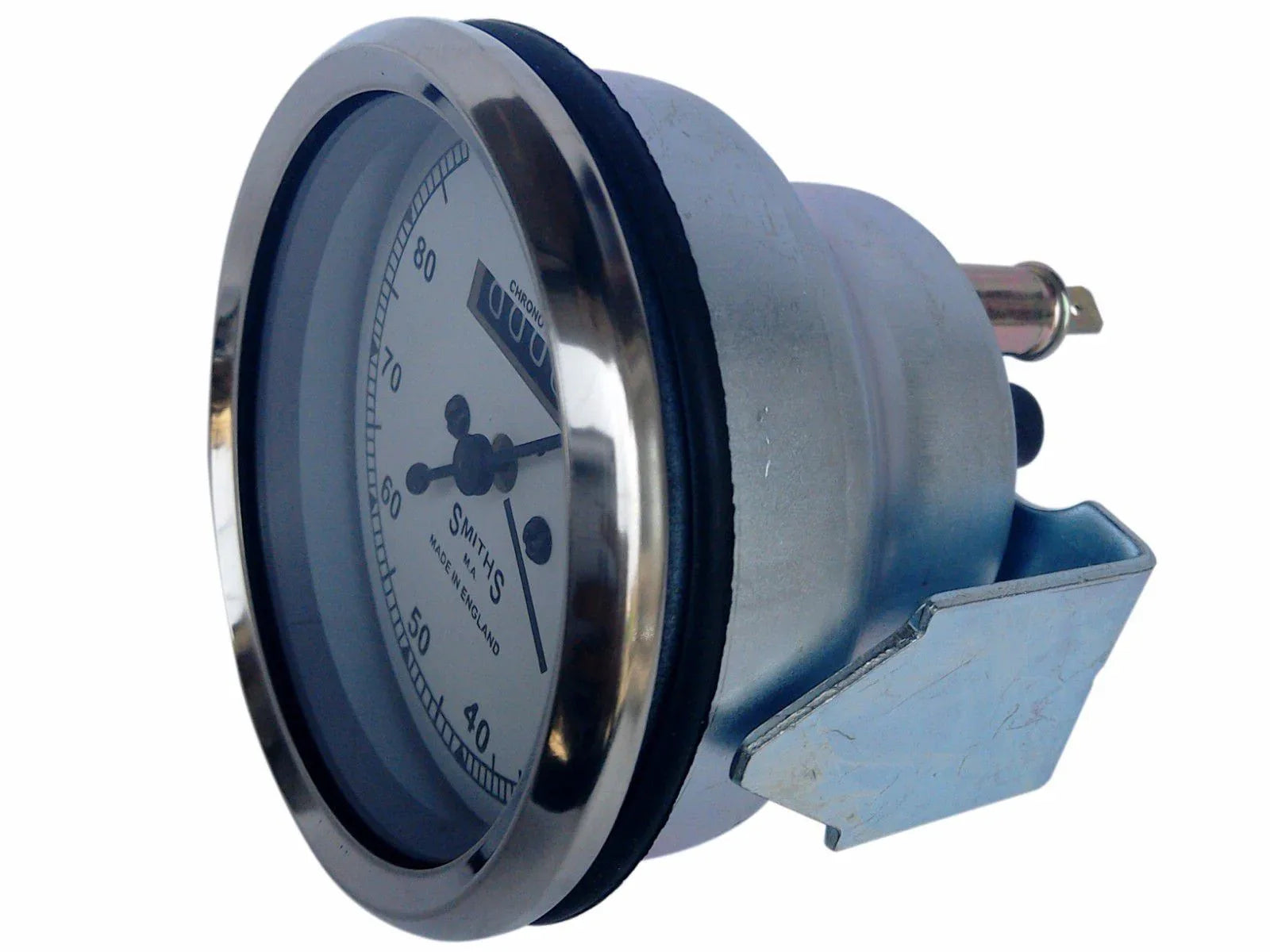 Chrome speedometer gauge with white dial, 10–80 mph scale