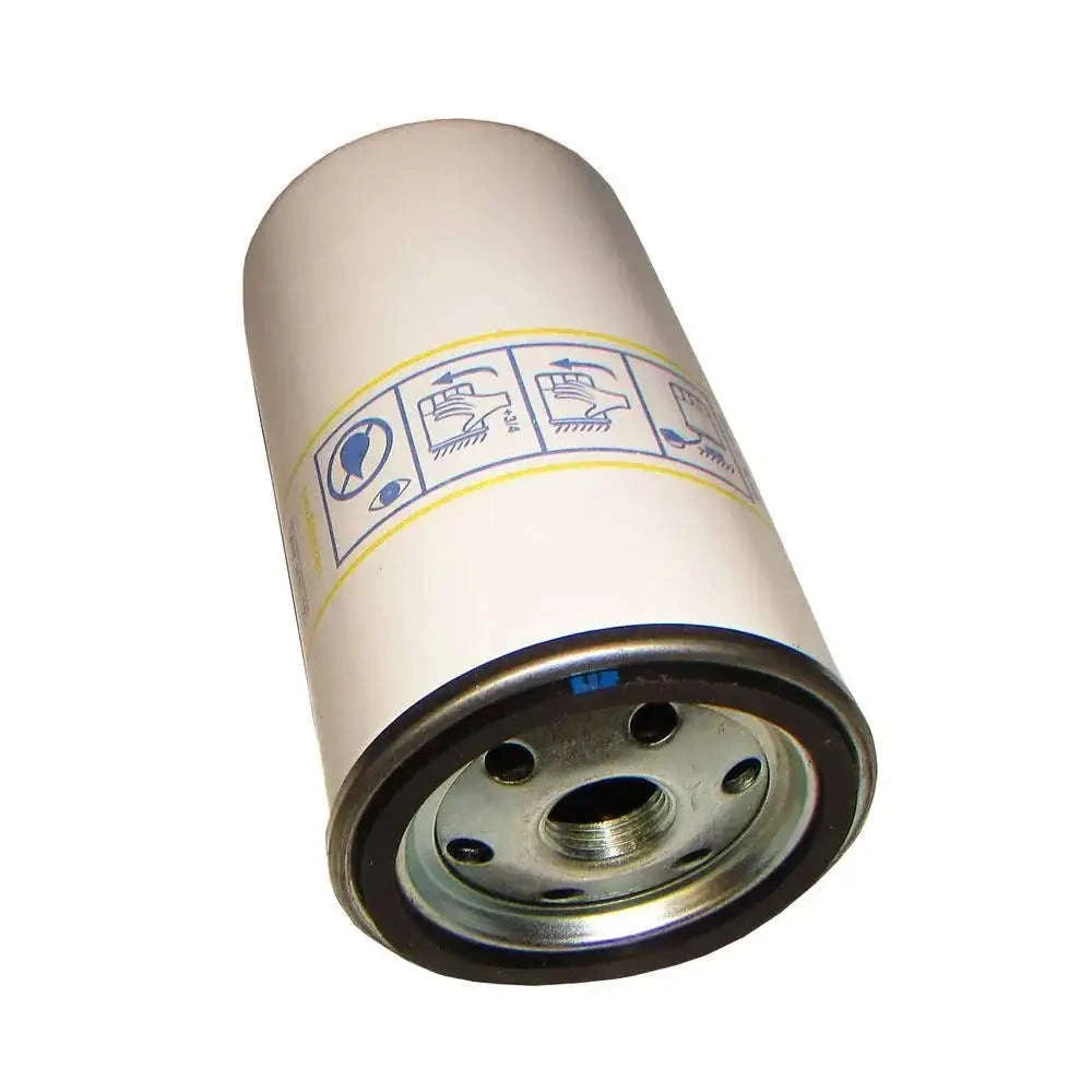 Spin-on engine oil filter with beige canister and metal base with central hole
