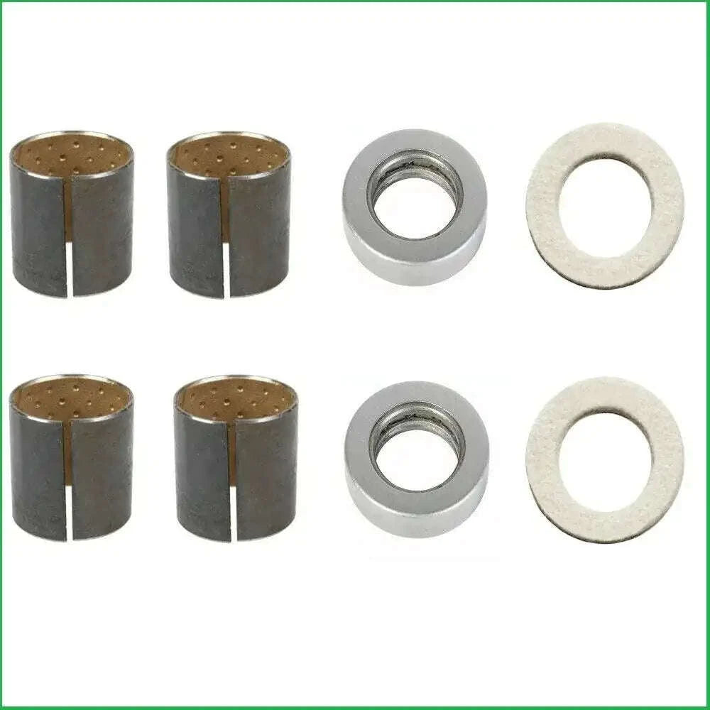 Spindle bushing kit with dark cylindrical bushings and metal and fiber washers