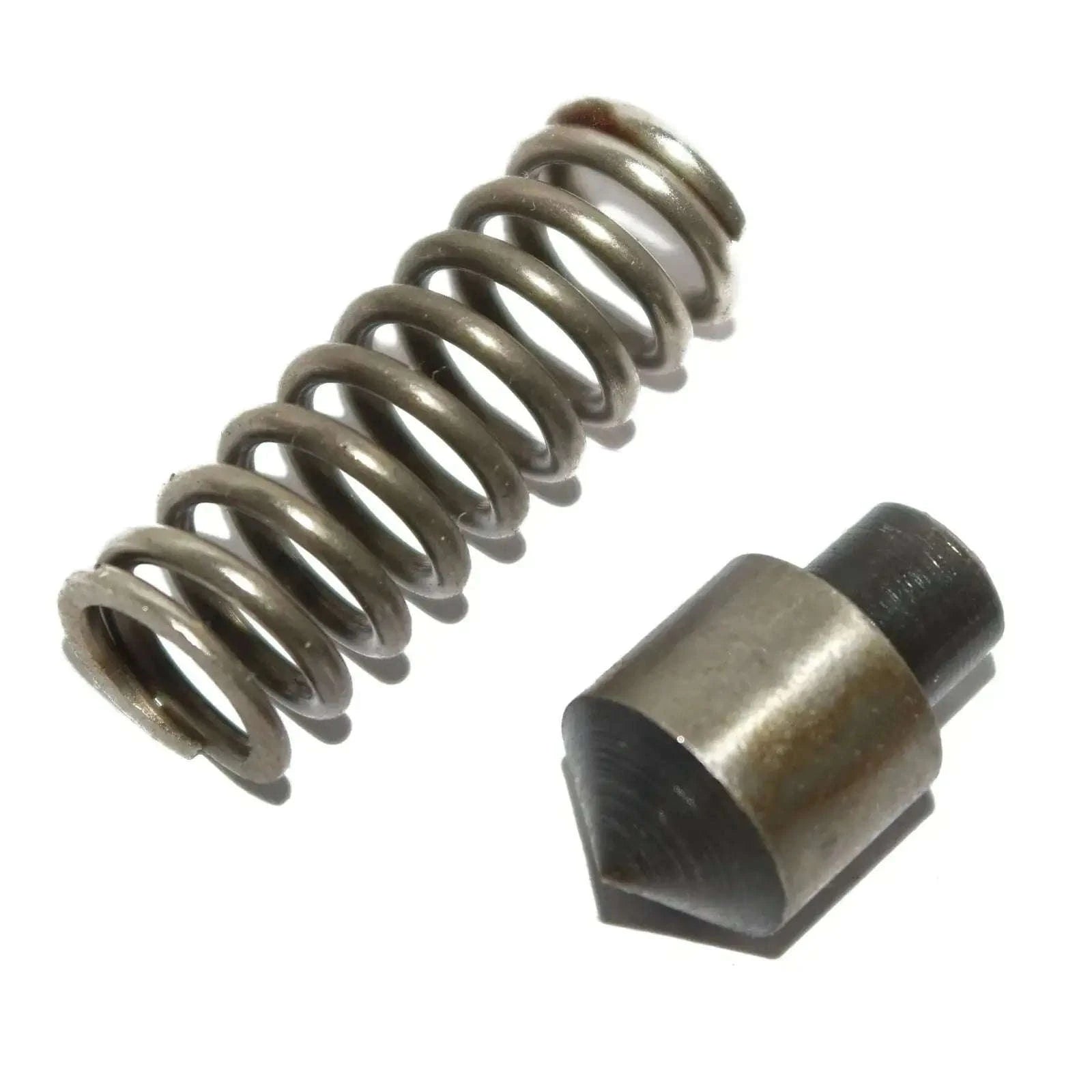 Spring and plunger set with metal coil spring and dark rubber plunger
