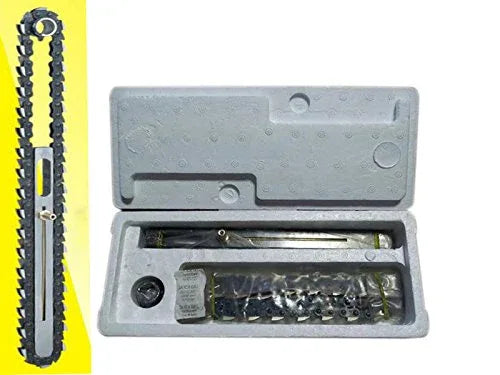 Mortising chain set with sprocket, shown in open metal case