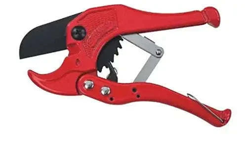 Red PVC pipe cutter with curved blade and ratchet-style handle