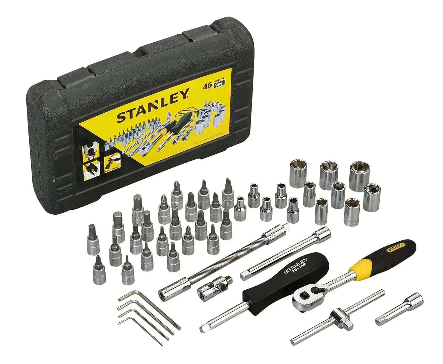 46-piece 1/4 drive metric socket set with sockets, ratchet, extensions, hex keys