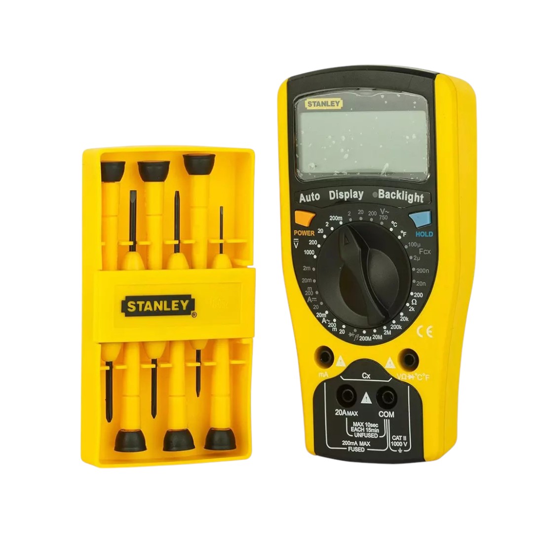 Stanley 53 piece telecom tool kit including yellow digital multimeter and precision screwdrivers