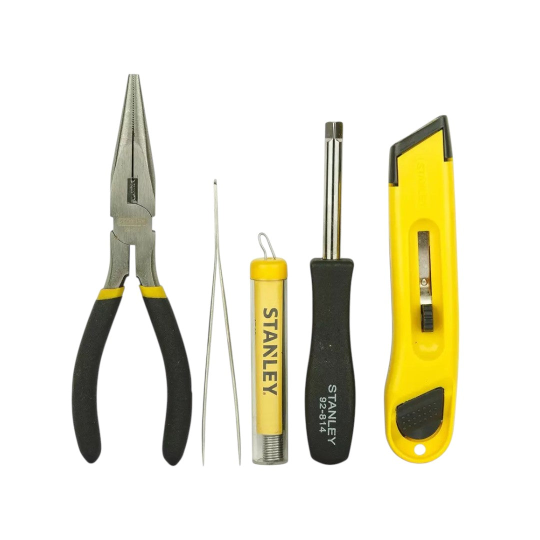 Stanley 53 piece telecom tool kit with pliers, tweezers, screwdriver, and yellow utility knife
