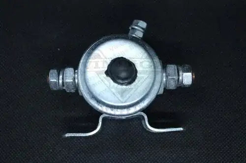 12V starter solenoid with round silver housing, black cap, and two side terminals