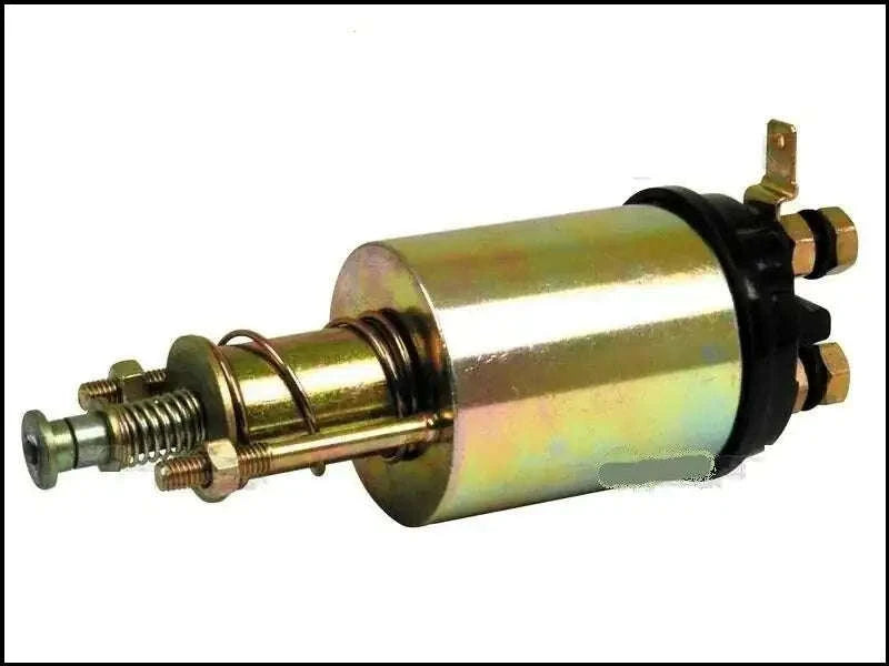 Starter solenoid with cylindrical metal housing, threaded shaft, and two brass terminals