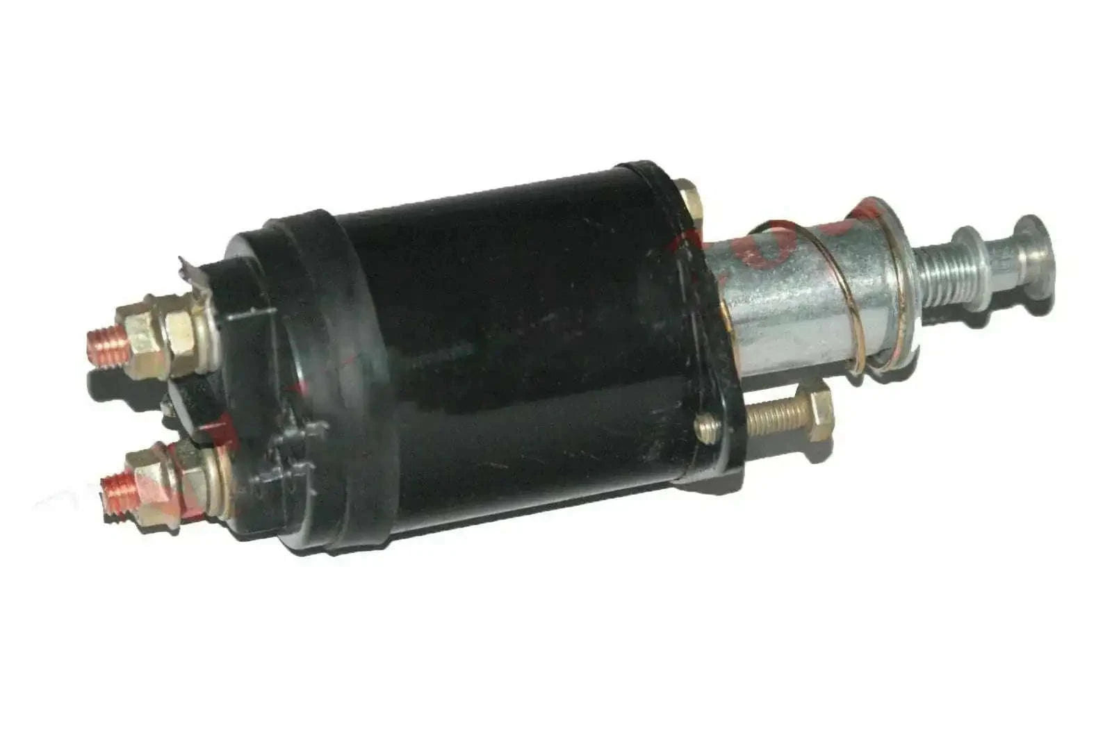 Black starter solenoid with mounting terminals and threaded bolt