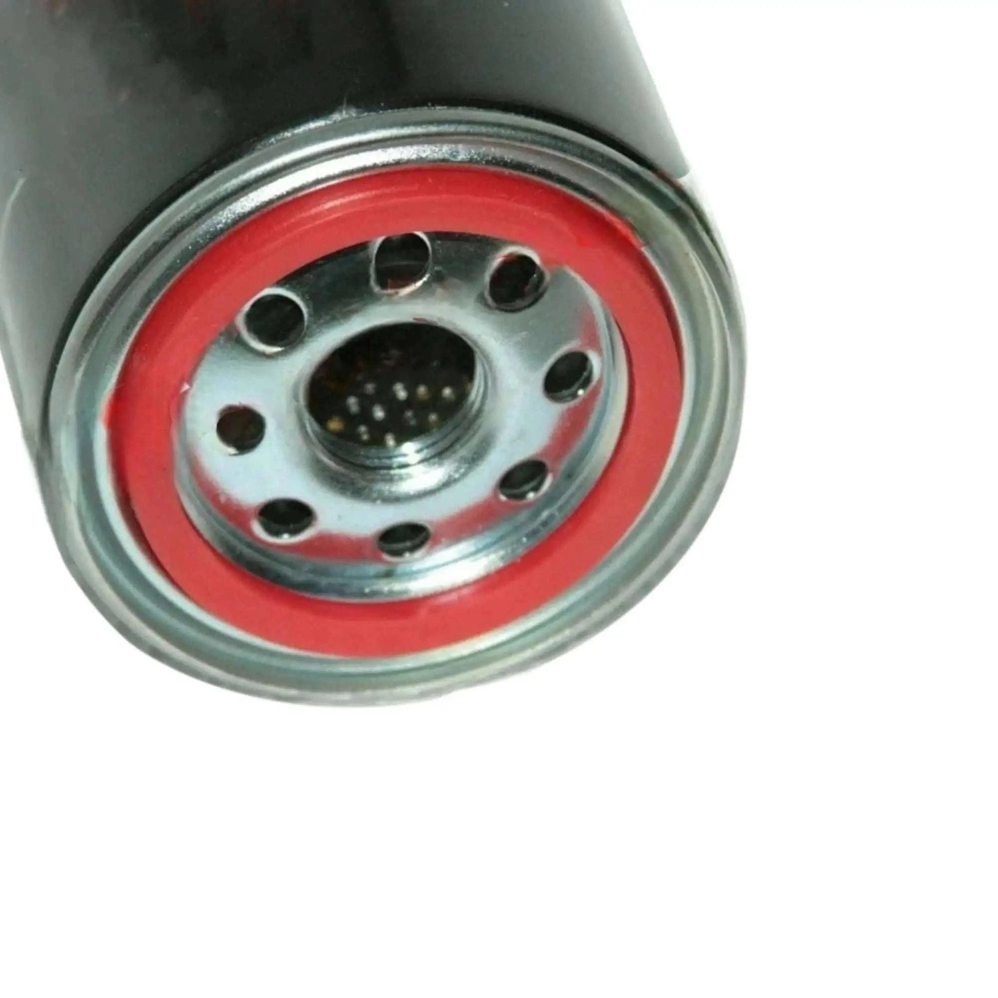 Diesel engine oil filter end cap with red gasket and perforated center plate