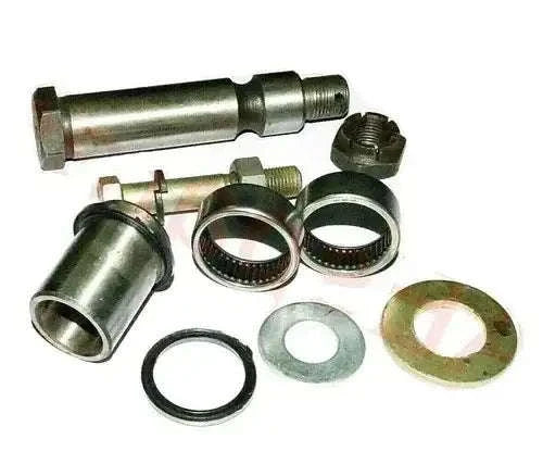 Steering bell crank repair kit with metal rod, bushings, washers, and retaining rings