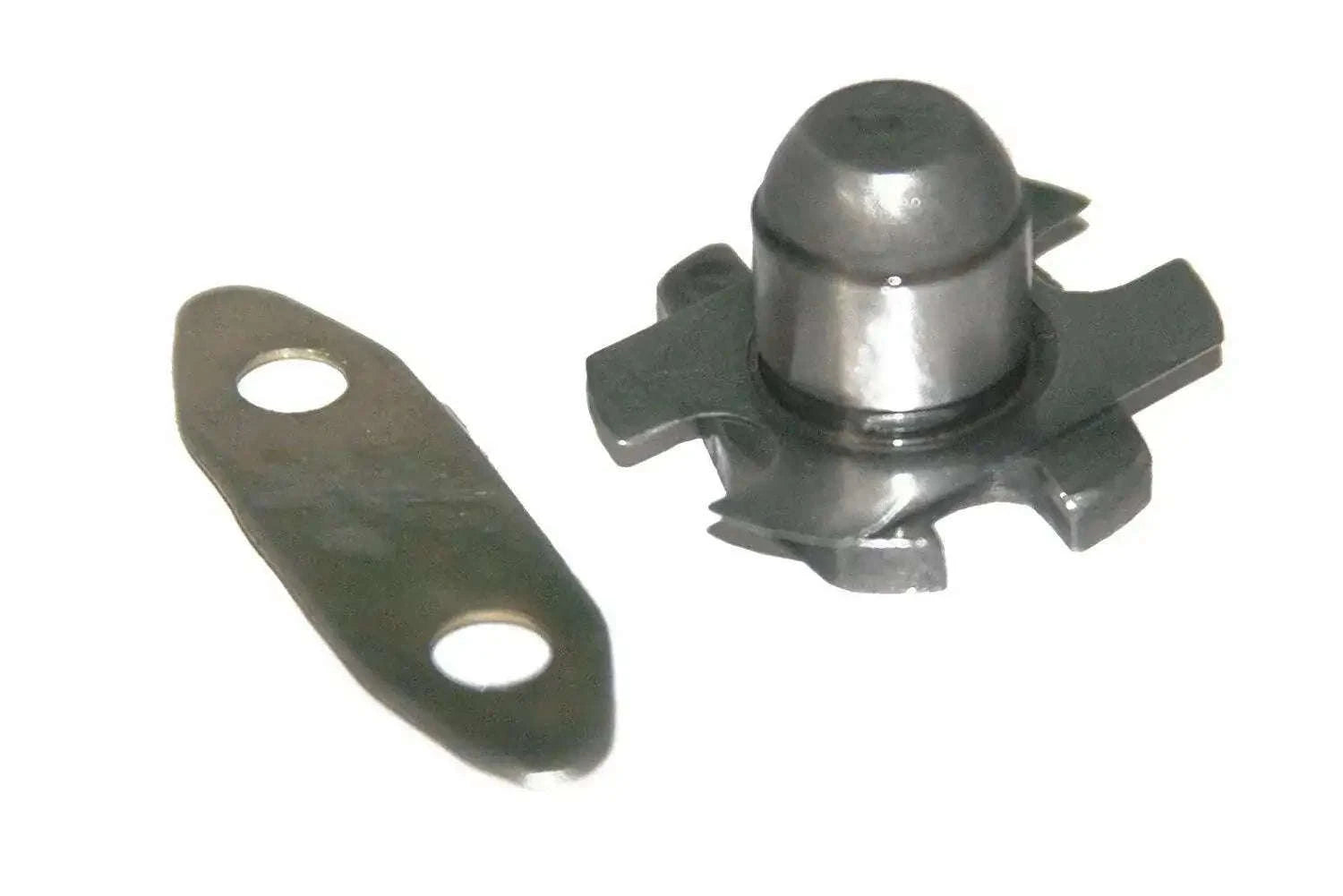 Metal steering lock peg with two-hole bracket and domed pin head