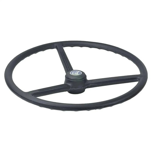 Black steering wheel with three spokes and center logo cap