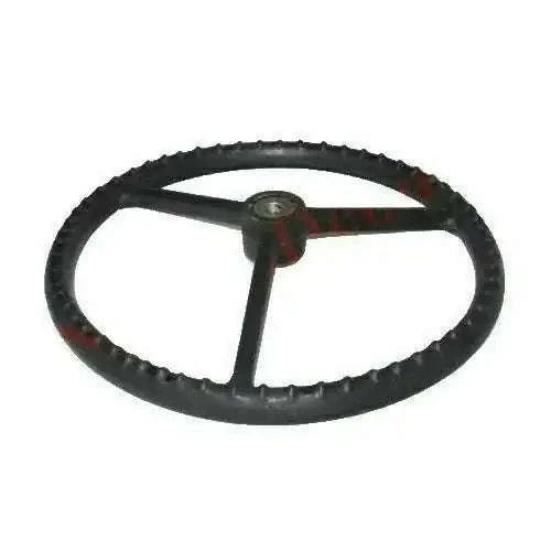 Tractor steering wheel with black textured grip and metal spokes