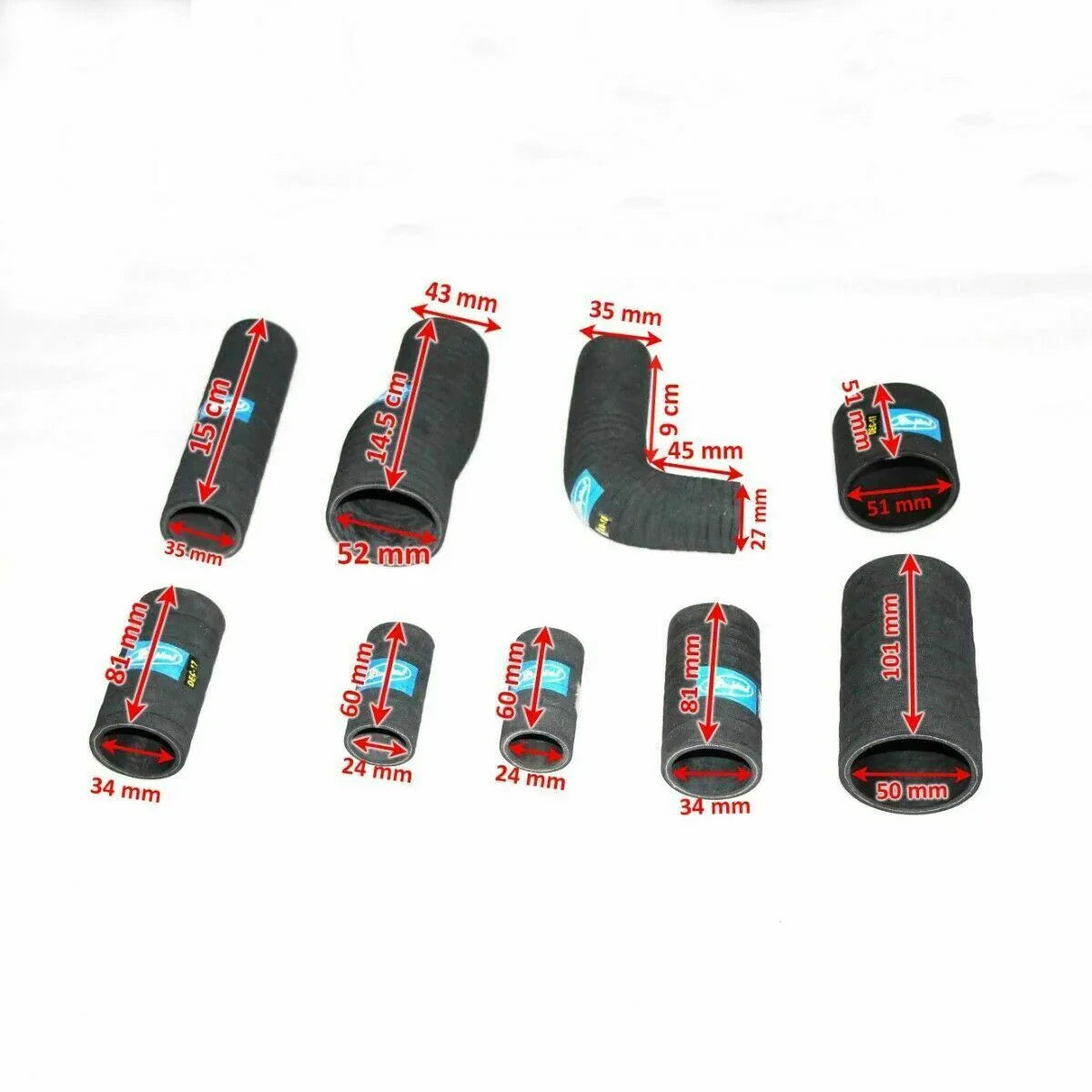 Set of 9 black radiator hose pipes in various sizes, ideal for Steiner tractor parts Michigan use