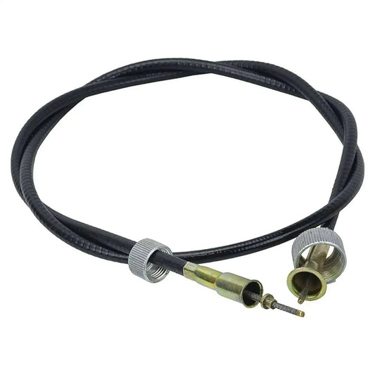 Tachometer cable with black rubber sheath and metal connector fittings