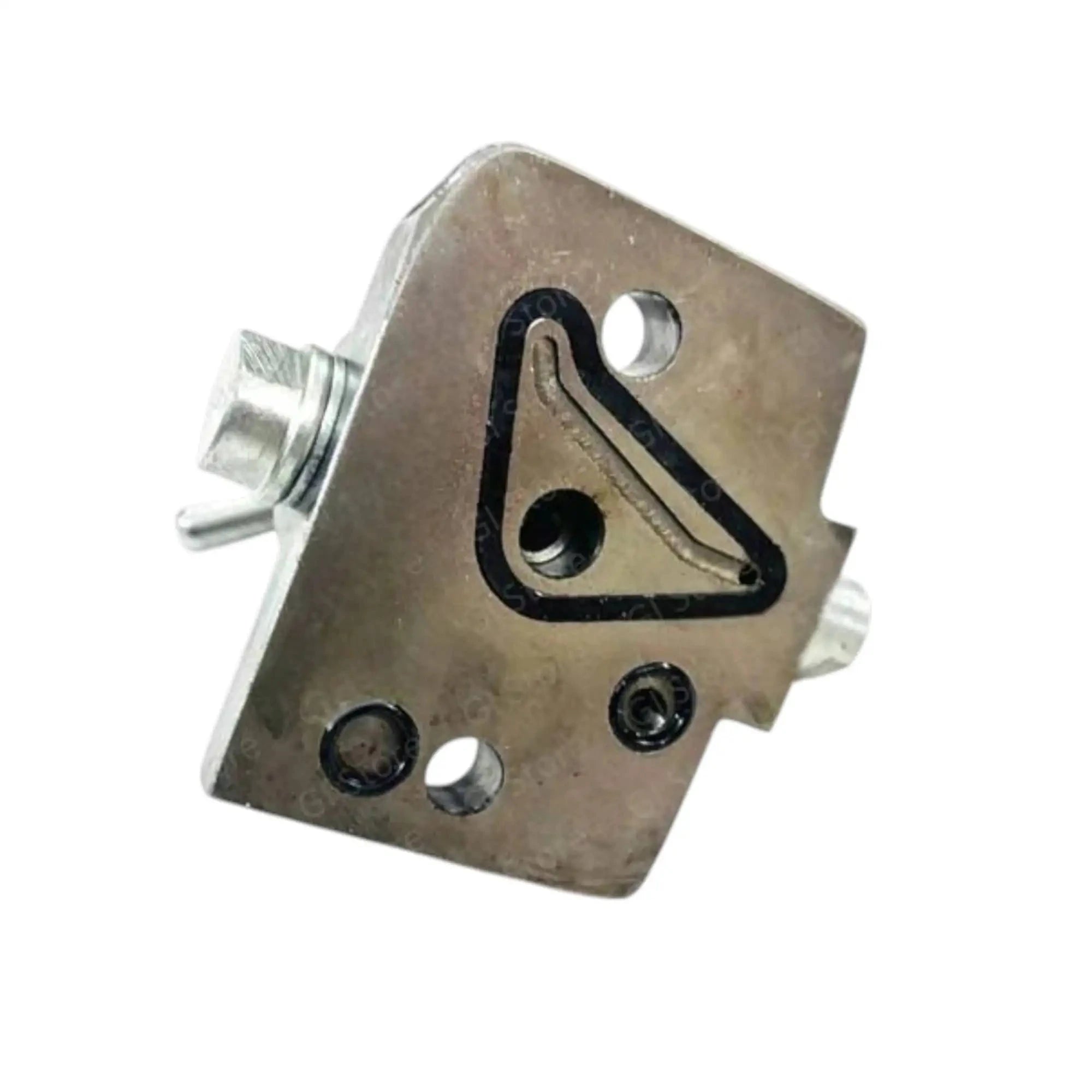 Hydraulic valve lock plate with black triangular insert and mounting holes