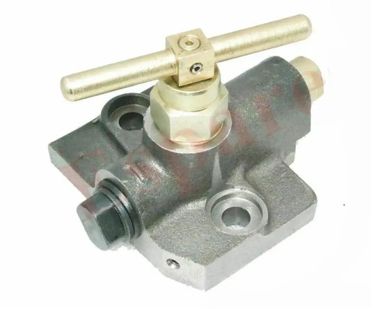 Hydraulic valve lock with brass lever and dark metal base plate
