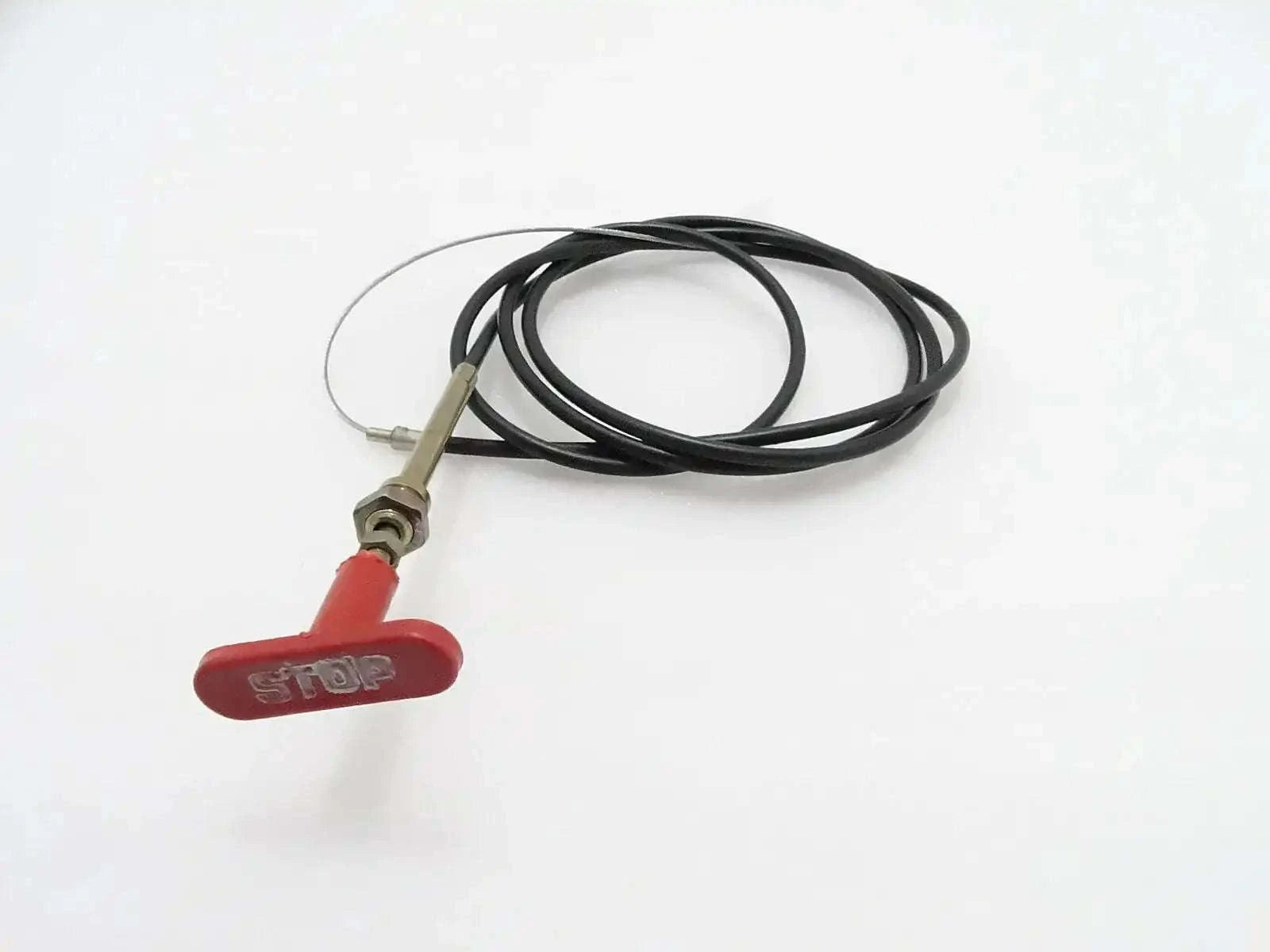 Stop control cable with red emergency stop button and black cable, metal connector