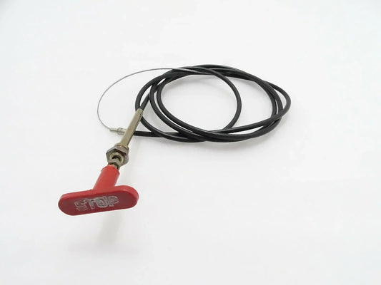 Stop control cable with red emergency stop button and black cable, metal connector