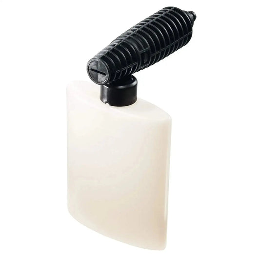 Detergent nozzle attachment with black ribbed handle and white bottle reservoir