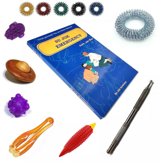 Su Jok emergency book with Acupressure Sujok 8 in 1 kit featuring various tools for acupressure therapy