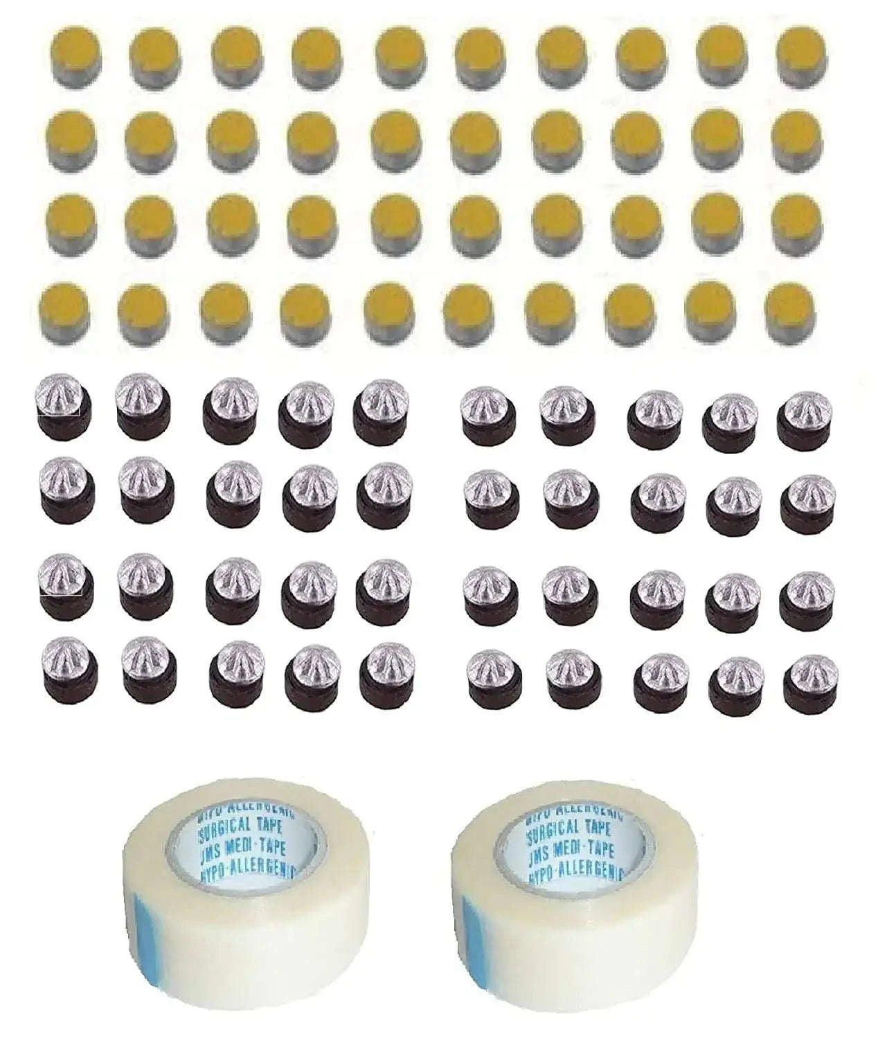 Acupressure magnet kit with round magnets and white adhesive tape rolls