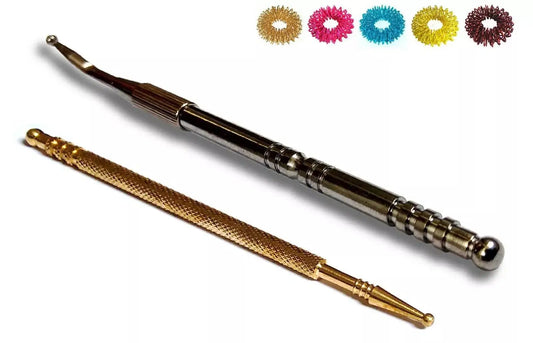 Sujok acupressure metal probe set with slim and auricular tools and colorful rings