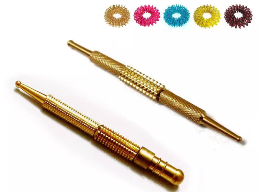 Metal Sujok acupressure probe with dismountable roller and colorful rings for therapeutic uses