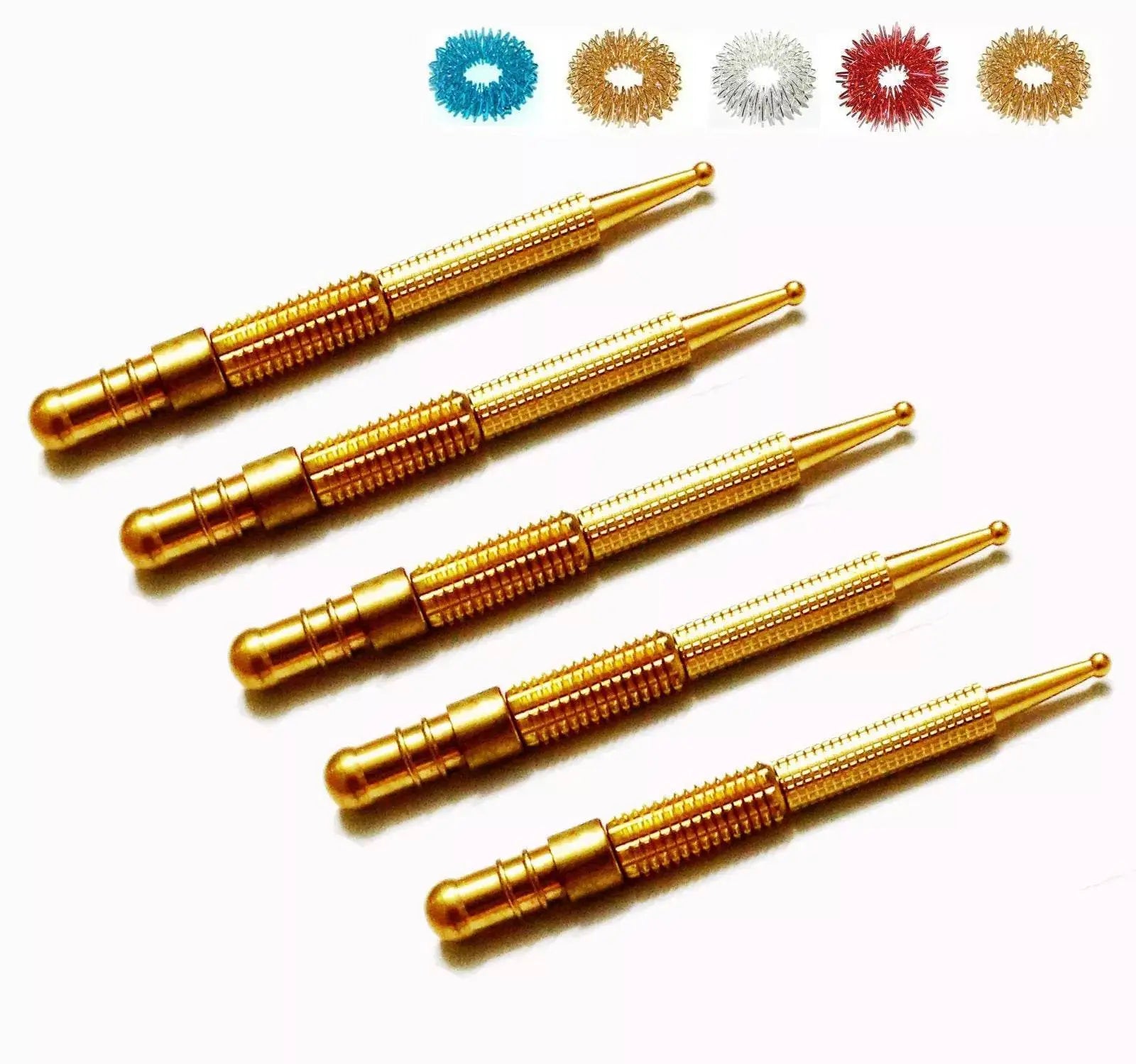 Sujok acupressure probe set with five gold diagnostic rollers and colorful rings