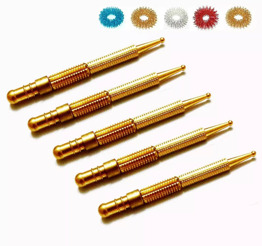 Sujok acupressure probe set with five gold diagnostic rollers and colorful rings