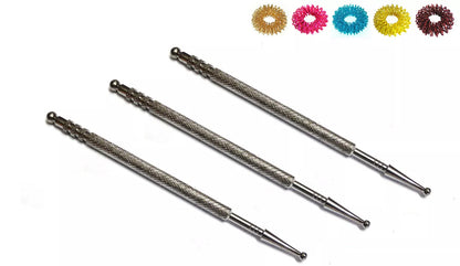 Sujok acupressure probe set with silver metal diagnostic slim jimmys and colorful rings for therapeutic use