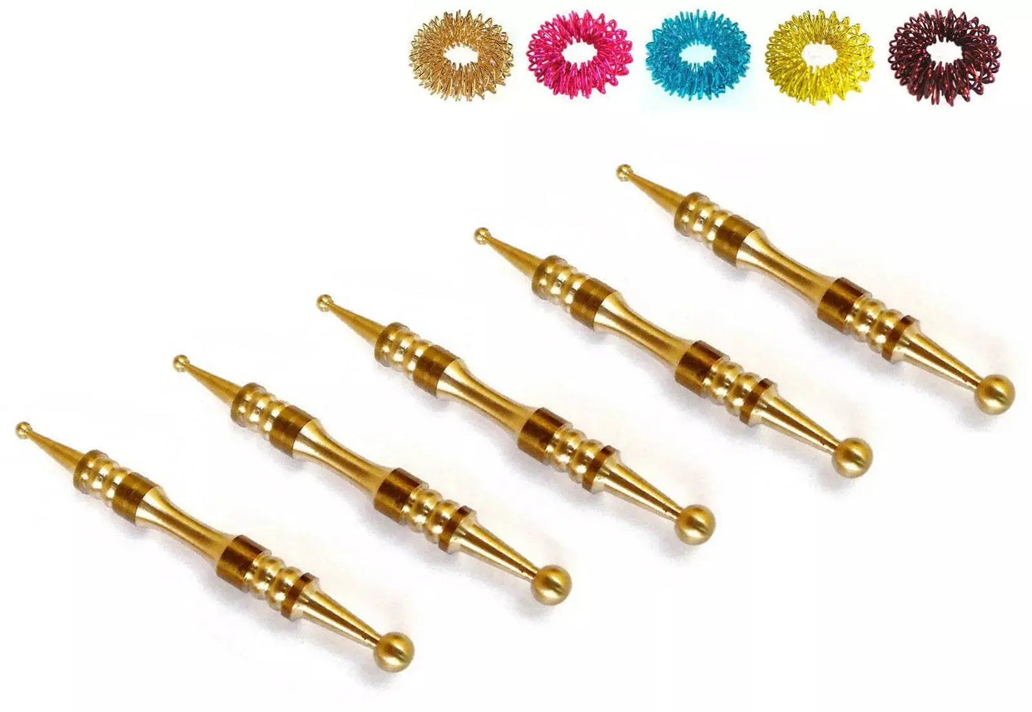 Sujok acupressure set with brass metal tools and colorful rings for therapeutic use