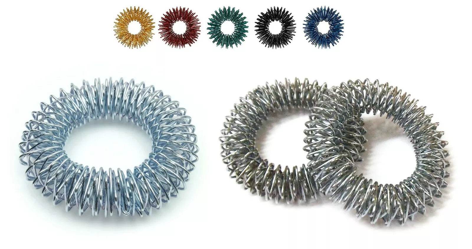 ACS Sujok finger massager rings in various colors designed to relieve tension and promote relaxation