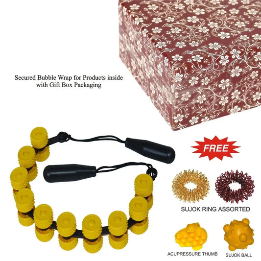 Acupressure spine massager with pointed yellow rolling wheels and black handles