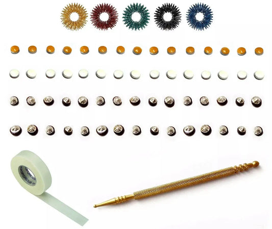 Sujok therapy magnets, acupressure rings, micropore tape, and Slim Jimmy for holistic healing