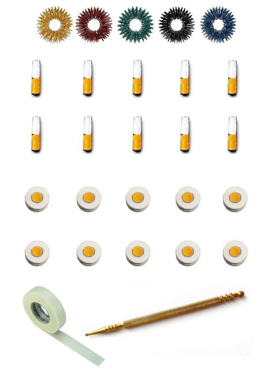 Sujok therapy kit including therapy bars, chakra magnets, micropore tape, and acu rings for holistic healing