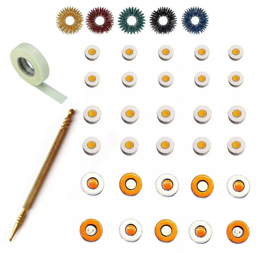 Sujok therapy magnets and acupressure tools including rings and micropore tape