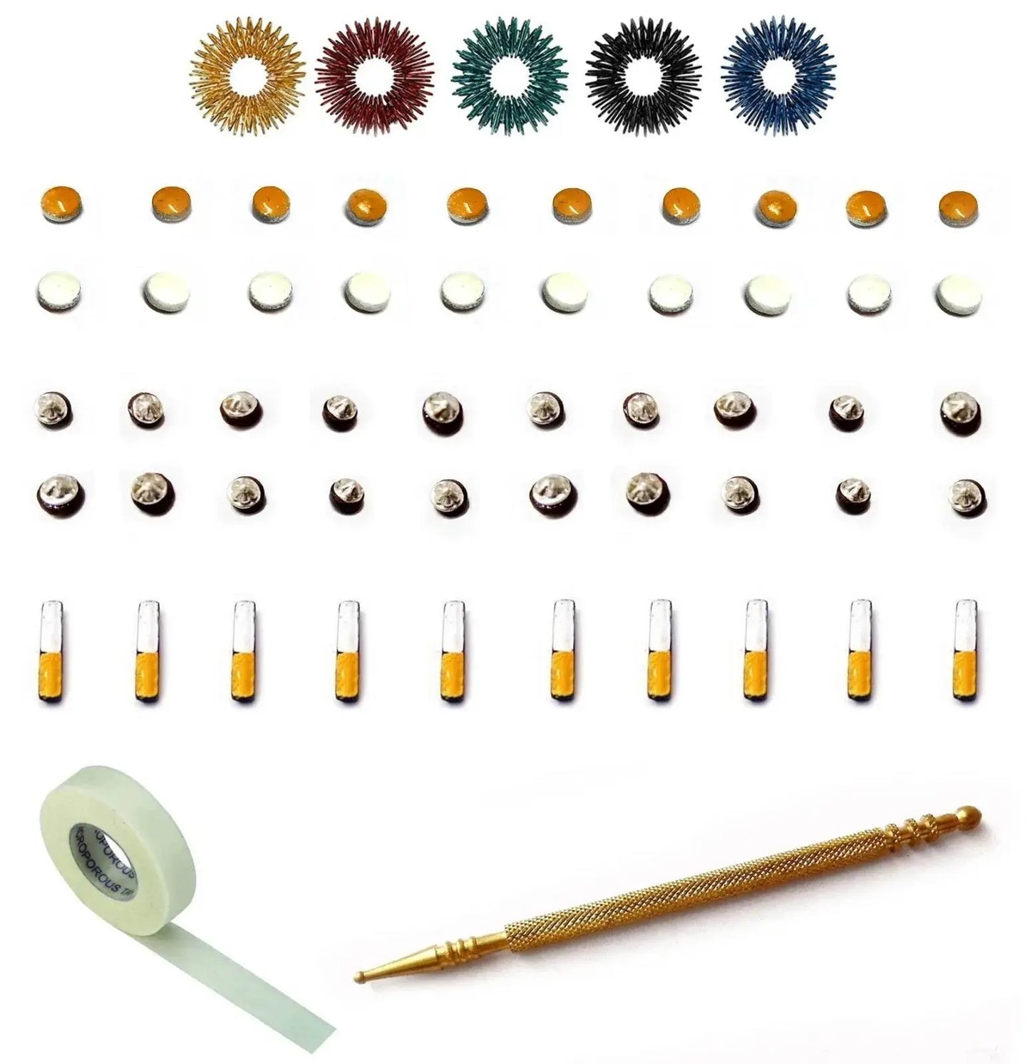 Sujok therapy magnets collection including Byol, Star, Bar, and Slim Jimmy rings for acupressure therapy