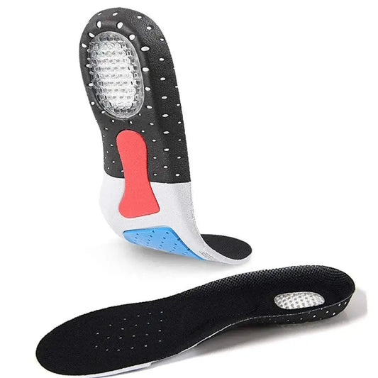 Shoe insoles set with black dotted surface and raised red/blue arch support pads