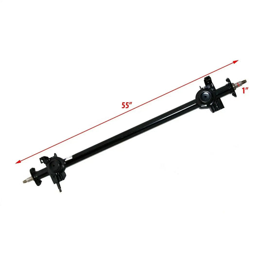 Rear axle beam assembly with black metal housing and end mounts, 55 in length